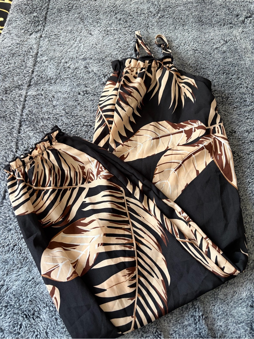 SHEIN Black Jumpsuit with Tan & Brown Tropical Leaf Print